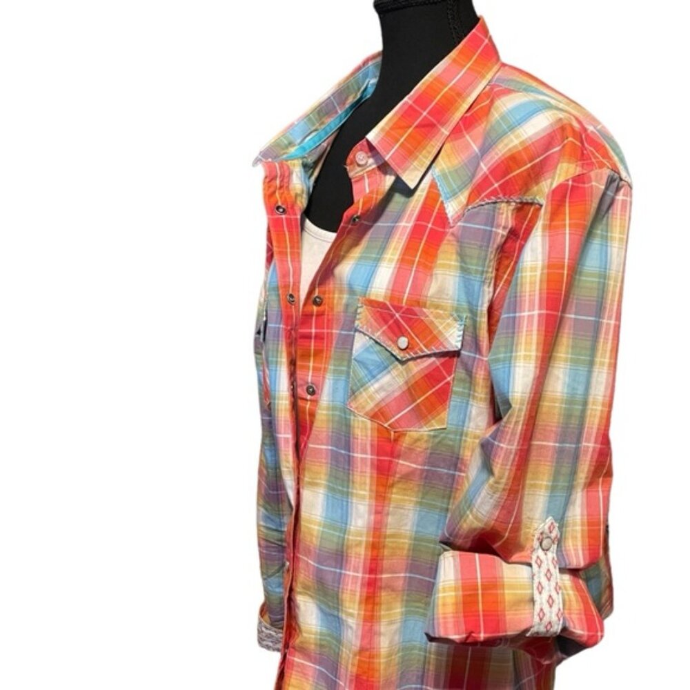 Plus Size Western Shirt Panhandle Pearl Snap Contrast Cuffs Stitching Sz XXL